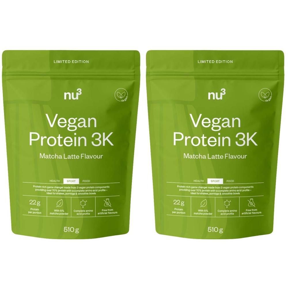Zwei grüne Beutel nu3 Vegan Protein 3K Matcha Latte Geschmack, 510g.