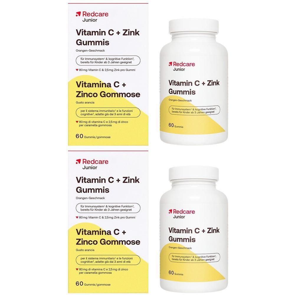 Zwei Packungen Redcare Junior Vitamin C + Zink Gummis, je 60 Stück.