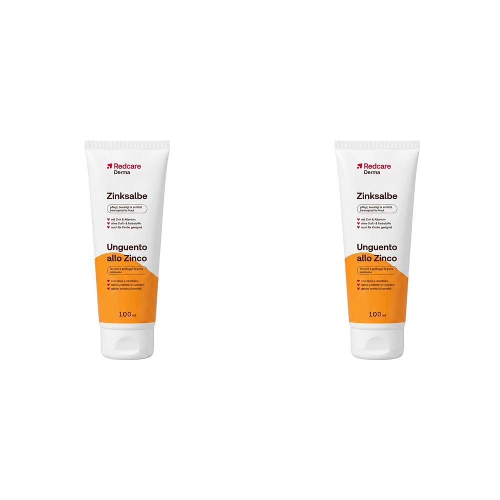 Zwei Tuben Redcare Derma Zinksalbe mit orangem Akzent und Beschriftung.