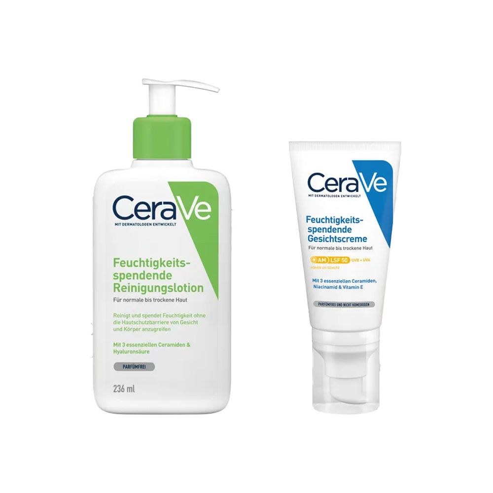 CeraVe Feuchtigkeitsspendende Reinigungslotion und Gesichtscreme mit LSF 50.