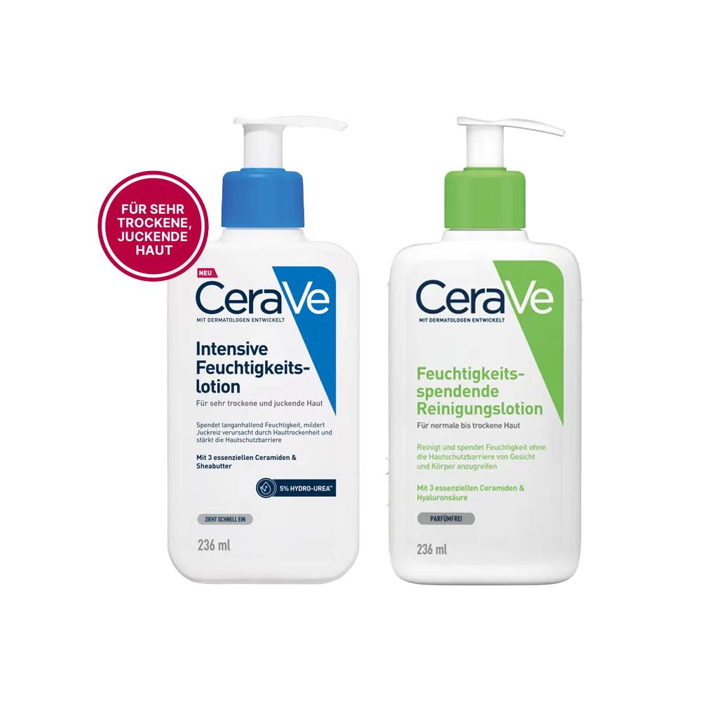 Zwei CeraVe-Flaschen: Intensive Feuchtigkeitslotion und Feuchtigkeitsspendende Reinigungslotion, beide mit Pumpspender.