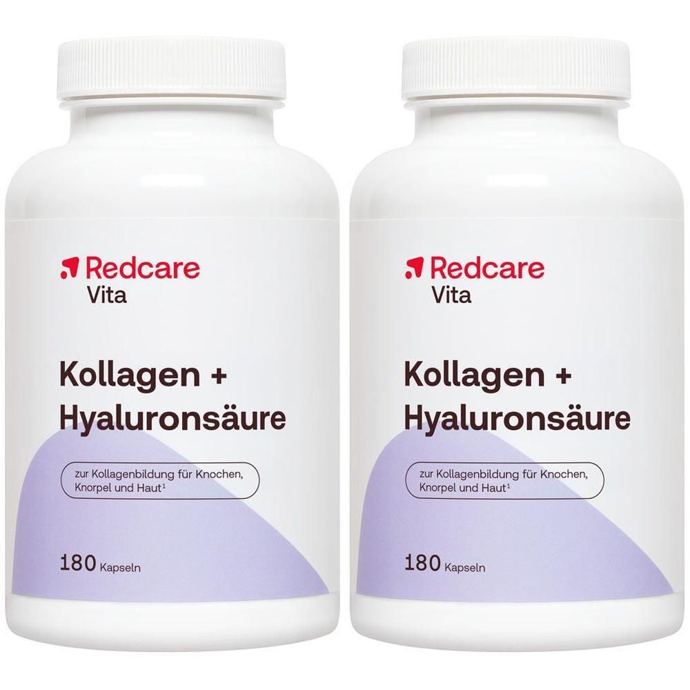 Zwei weiße Behälter mit Redcare Vita Kollagen + Hyaluronsäure, jeweils 180 Kapseln.