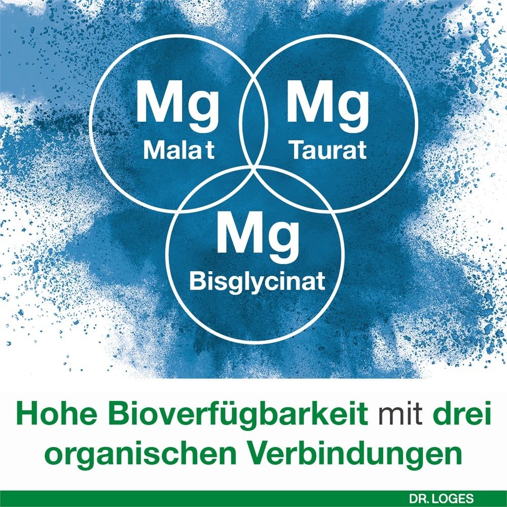 Drei Mg-Symbole für Malat, Taurat und Bisglycinat vor blauem Pulver, Text: Hohe Bioverfügbarkeit.