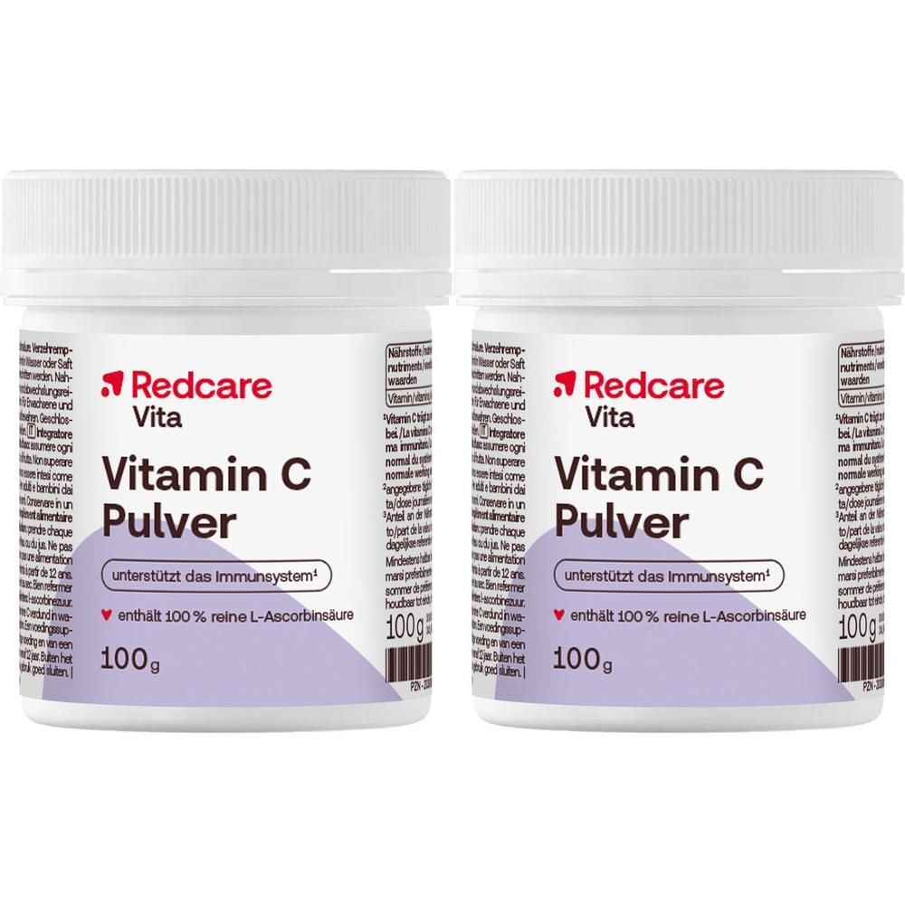 Zwei Behälter Redcare Vita Vitamin C Pulver, je 100g. Unterstützt das Immunsystem.