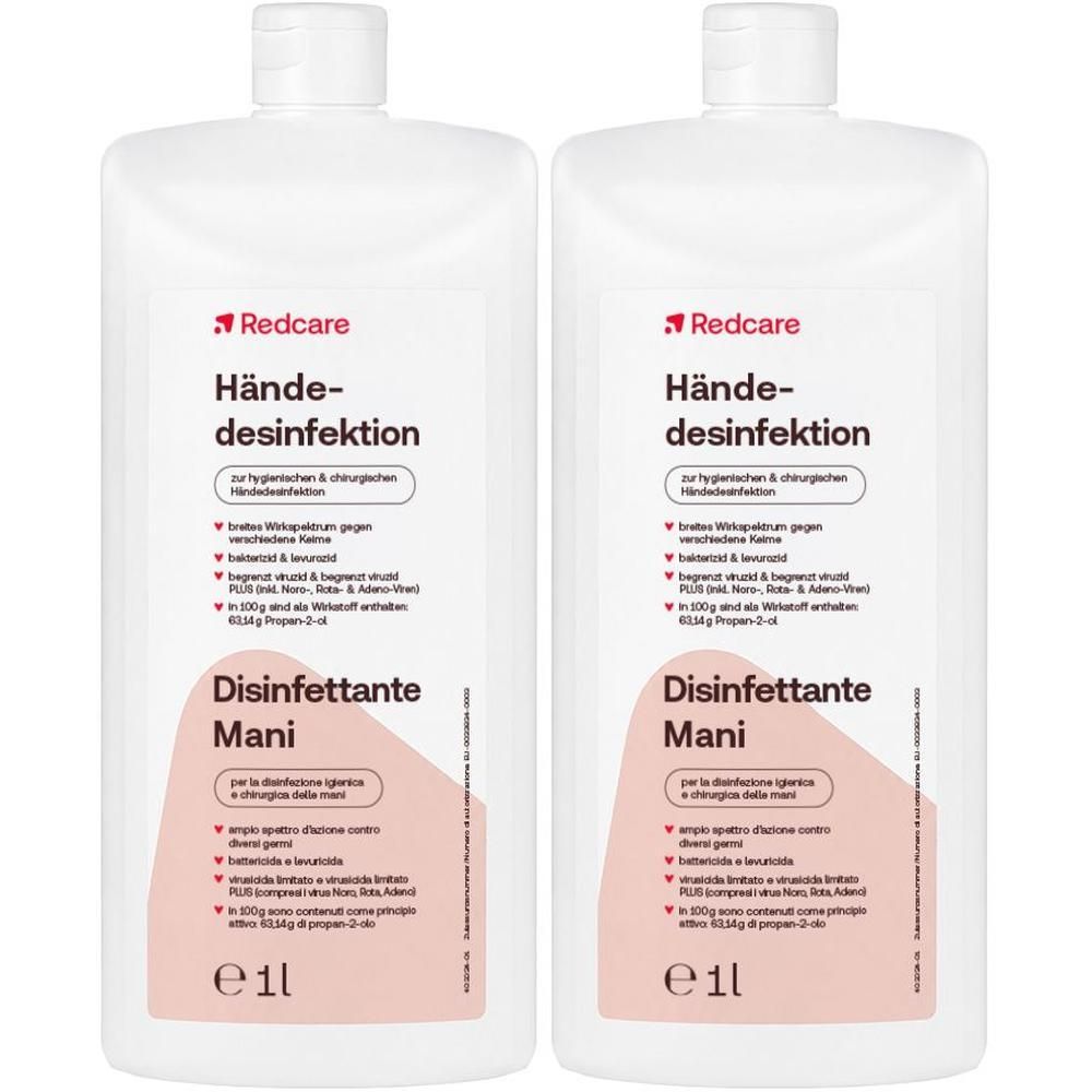 Zwei weiße Flaschen Redcare Händedesinfektion, je 1 Liter.