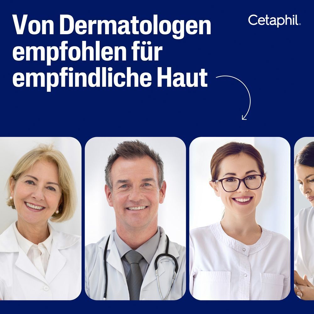 Porträts von Dermatologen. Text: "Von Dermatologen empfohlen für empfindliche Haut".