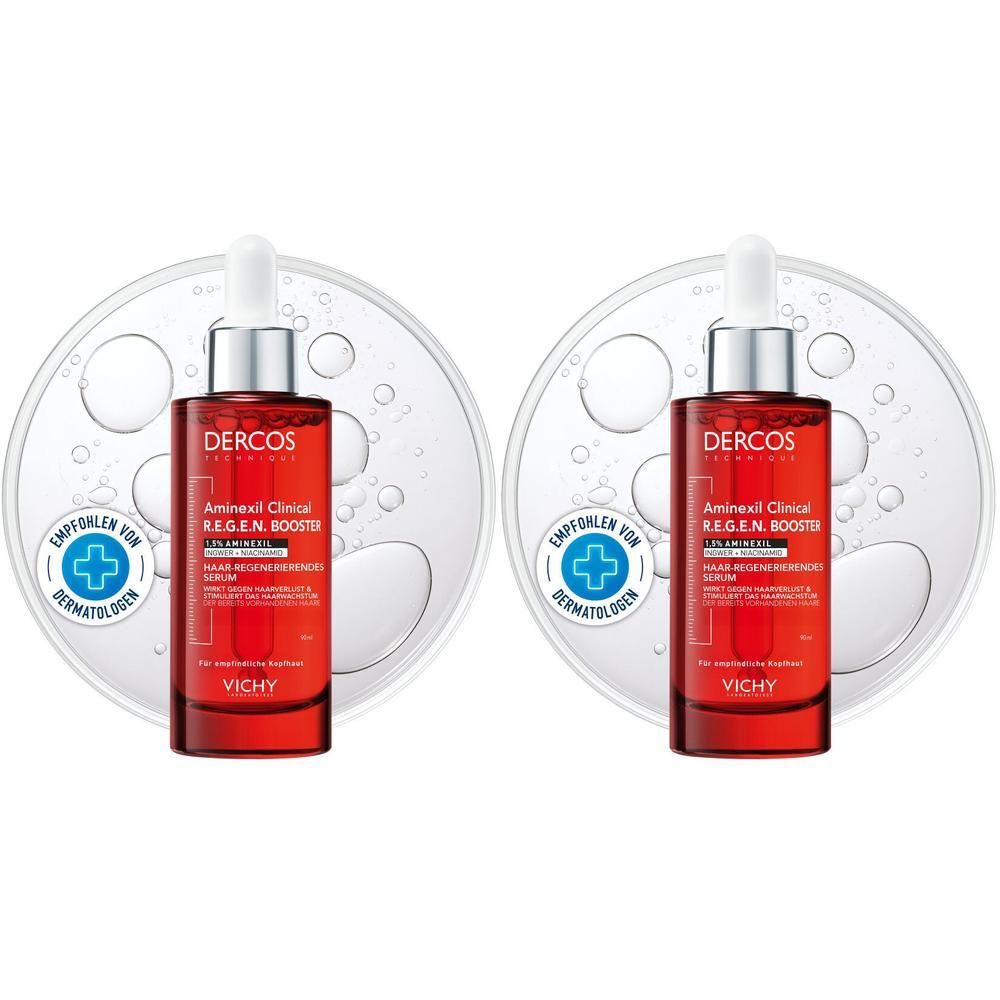 Zwei Vichy Dercos Aminexil Clinical R.E.G.E.N. Booster Fläschchen mit Pipetten. Empfohlen von Dermatologen.