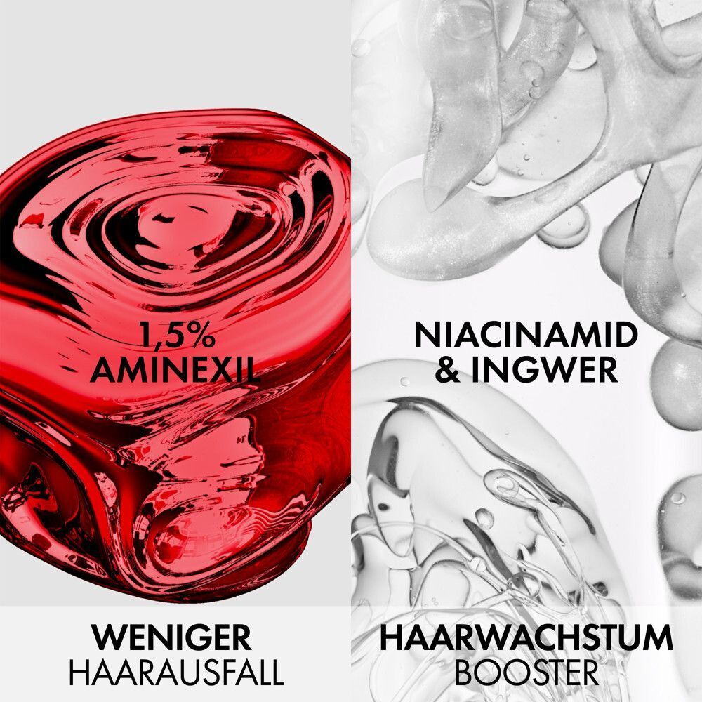 Abstraktes Bild: Rote Flüssigkeit mit 1,5% Aminexil. Daneben Niacinamid & Ingwer für Haarwachstum.