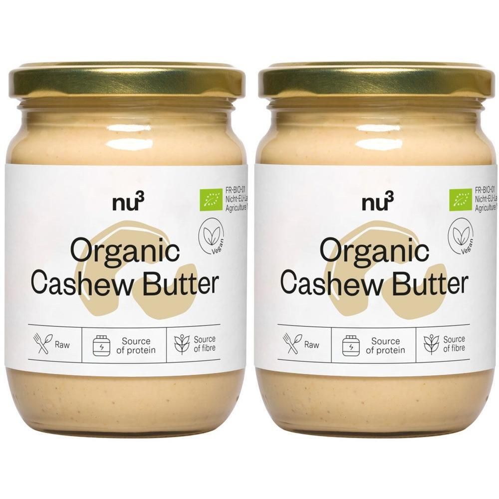 Zwei Gläser nu3 Bio Cashewmus. Beschriftung: Organic Cashew Butter, Source of protein, Source of fibre.