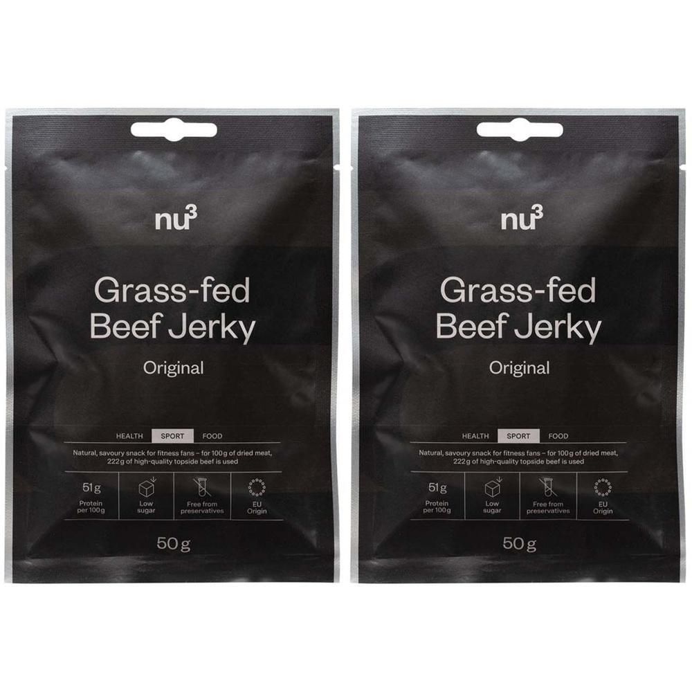 Zwei Packungen nu3 Rinder-Jerky, Original. Grasgefüttert, 50g pro Packung.