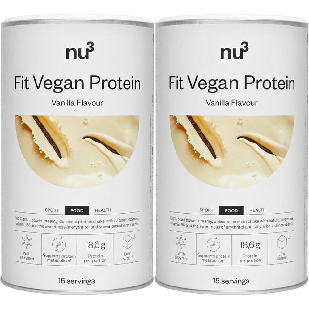Zwei Dosen nu3 Fit Vegan Protein Vanille Geschmack mit Vanilleschoten-Abbildung.