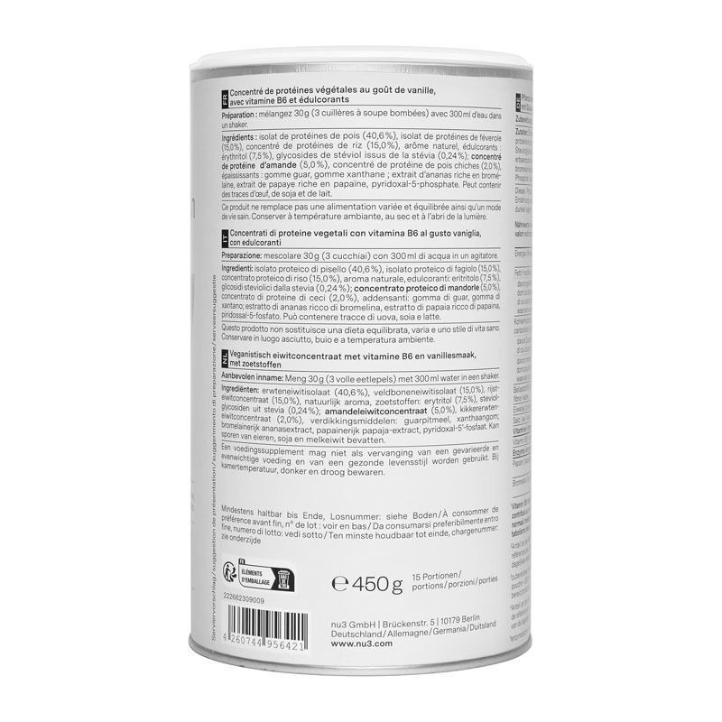 Rückseite einer Dose nu3 Fit Vegan Protein mit Nährwertangaben und Zutatenliste.