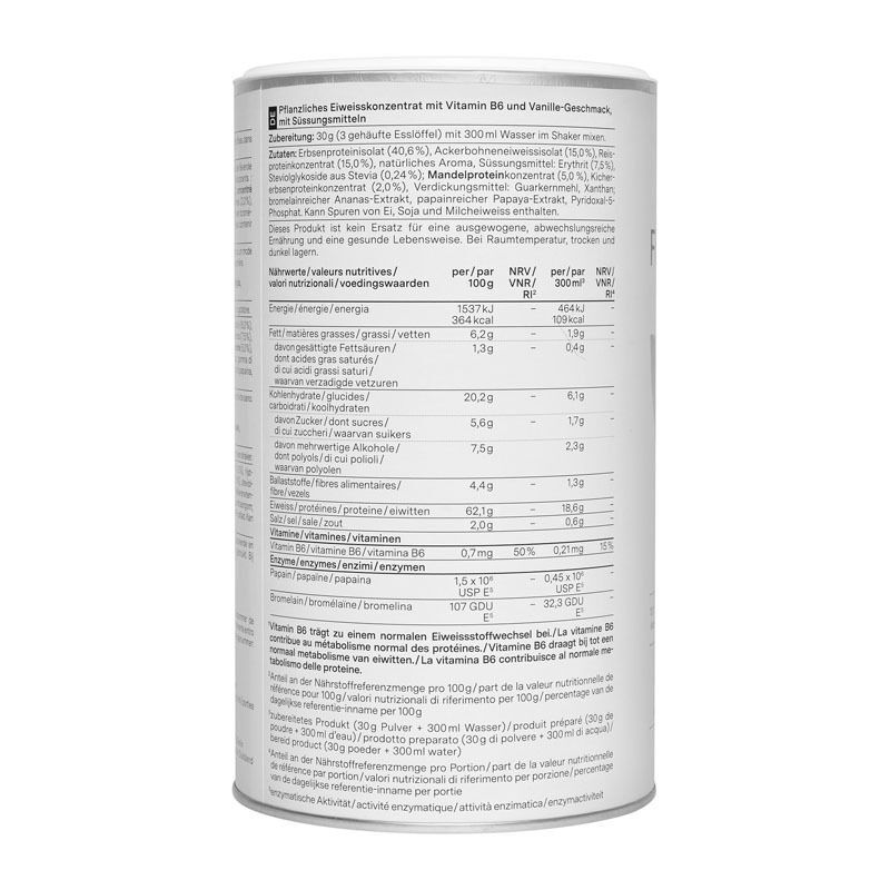 Rückseite einer Dose nu3 Fit Vegan Protein mit detaillierten Nährwertangaben.