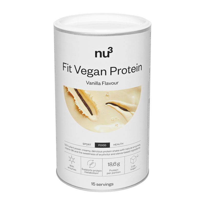 Eine Dose nu3 Fit Vegan Protein Vanille Geschmack mit Vanilleschoten-Abbildung.