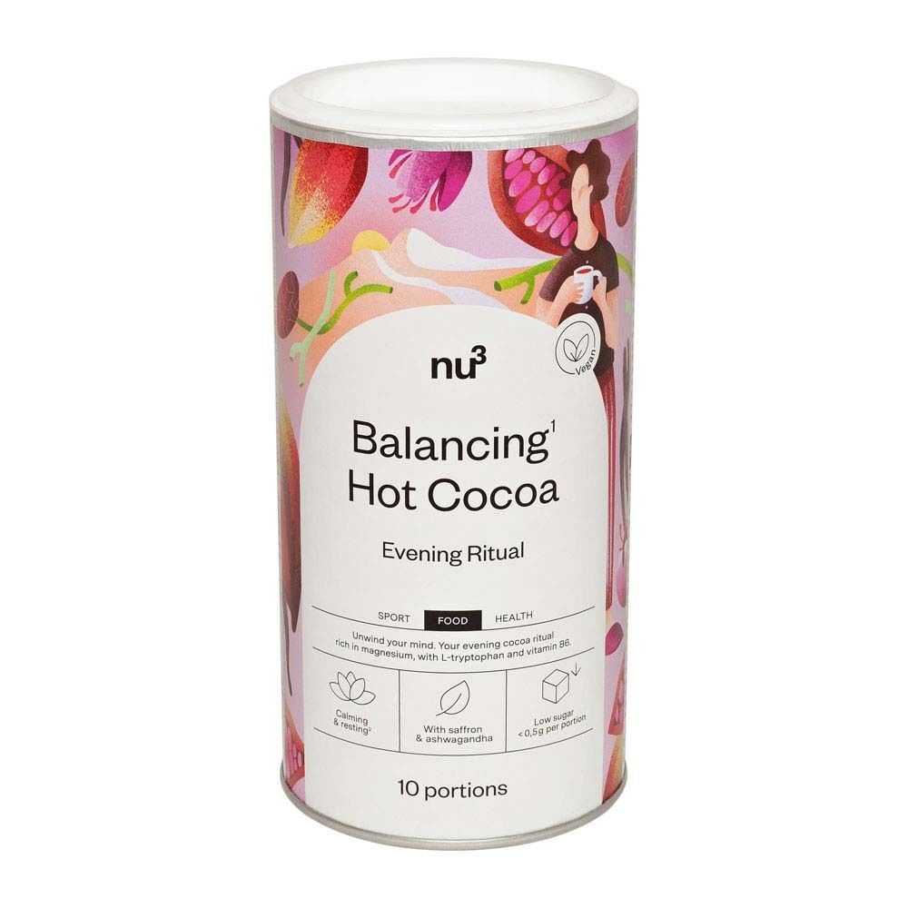 Eine Dose nu3 Balancing Hot Cocoa mit Abendritual-Aufschrift und bunten Früchten.