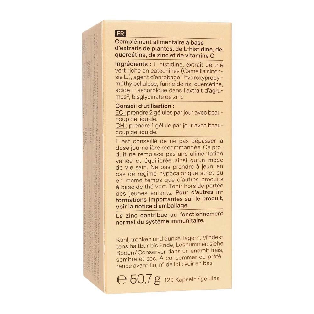 Seitenansicht einer Packung nu3 Zink Immun Plus mit Anwendungshinweisen und Inhaltsstoffen auf Französisch.