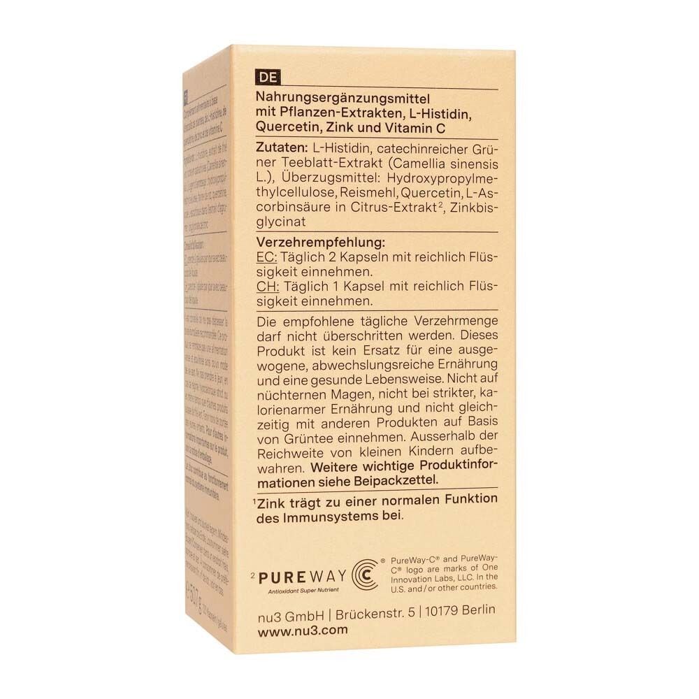 Seitenansicht einer Packung nu3 Zink Immun Plus mit Anwendungshinweisen und Inhaltsstoffen auf Deutsch.