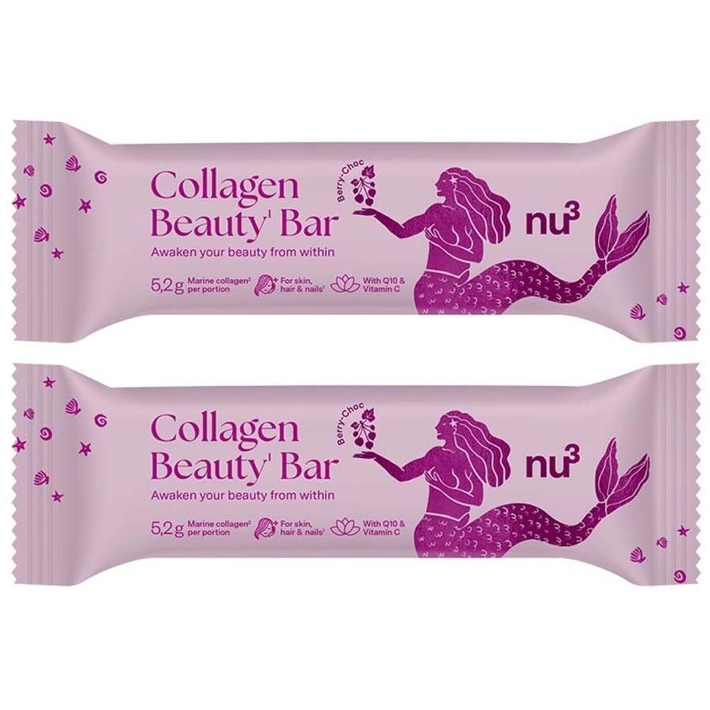 Zwei nu3 Collagen Beauty Bars in Beeren-Schoko-Geschmack, lila Verpackung mit Meerjungfrauen-Illustration.