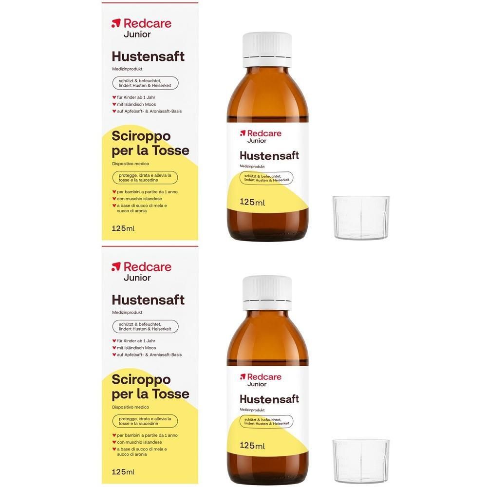 Zwei Flaschen Redcare Junior Hustensaft, 125ml, mit Messbechern.