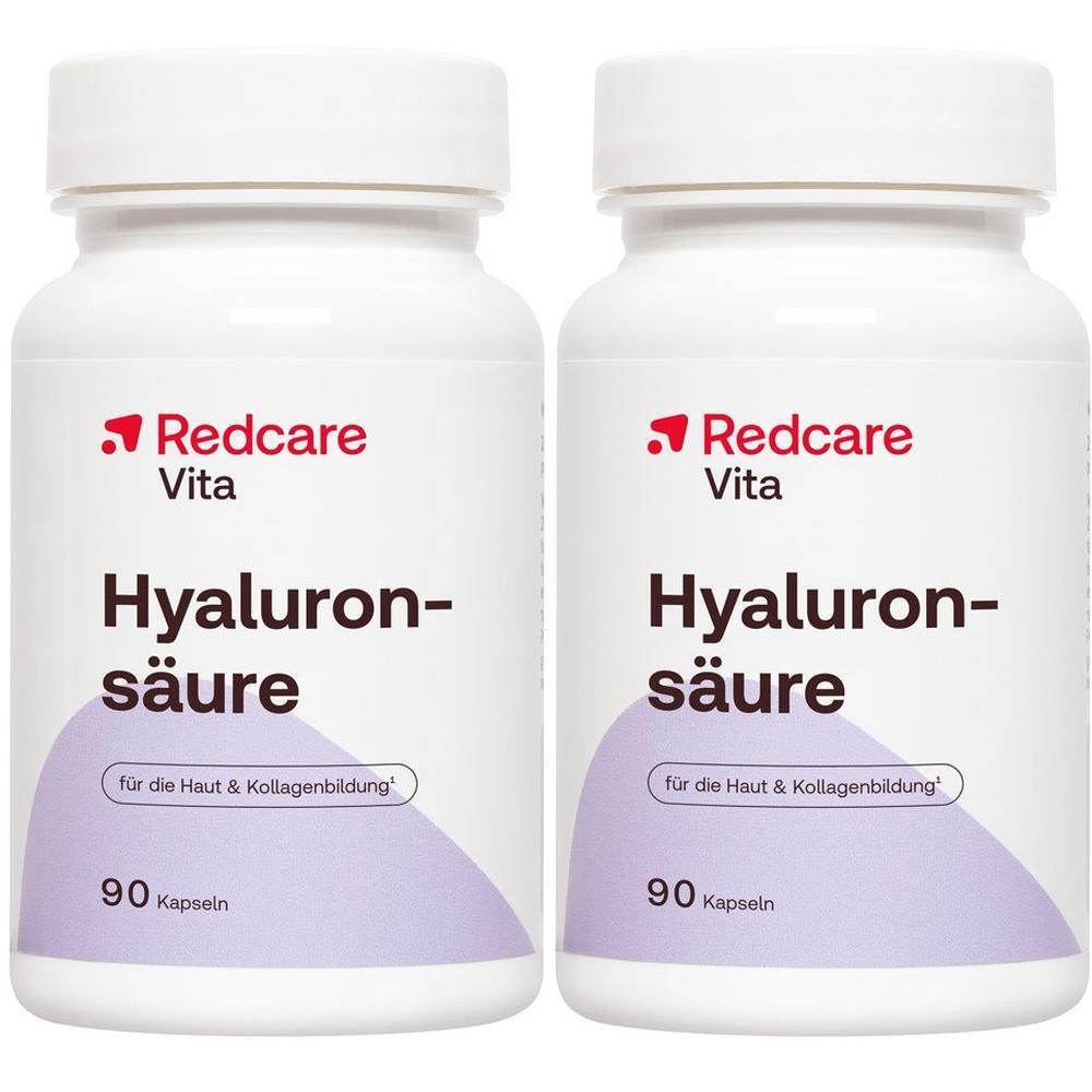 Zwei Packungen Redcare Vita Hyaluronsäure Kapseln, je 90 Stück. Für Haut & Kollagenbildung.