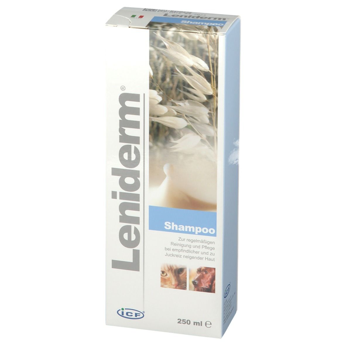 Schachtel mit Leniderm Shampoo. Weiß, blau und hellbraun. Text: Shampoo, 250 ml. Abbildungen von Tieren.