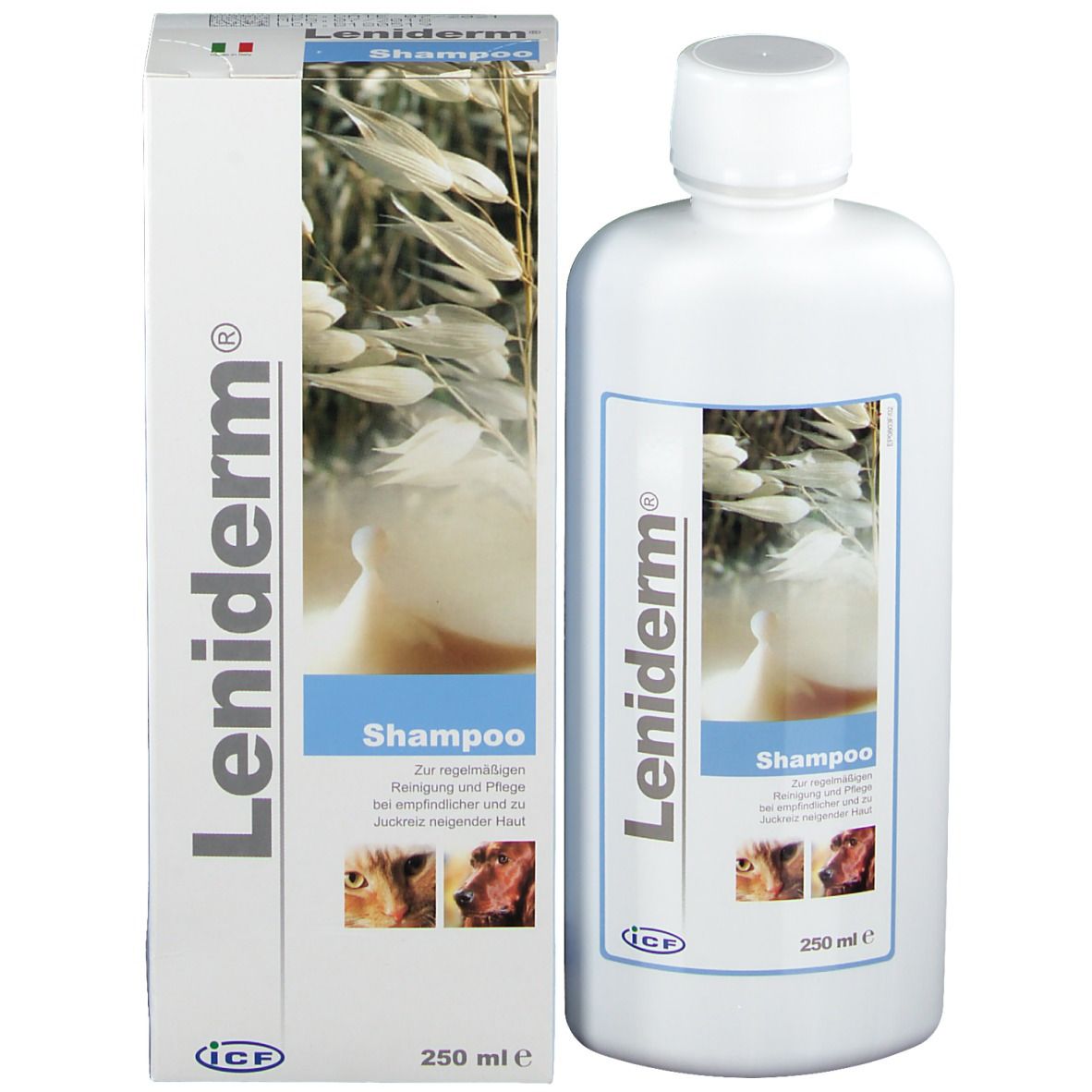 Leniderm Shampoo-Flasche und Schachtel. Weiß, blau und hellbraun. Text: Shampoo, 250 ml. Abbildungen von Tieren.
