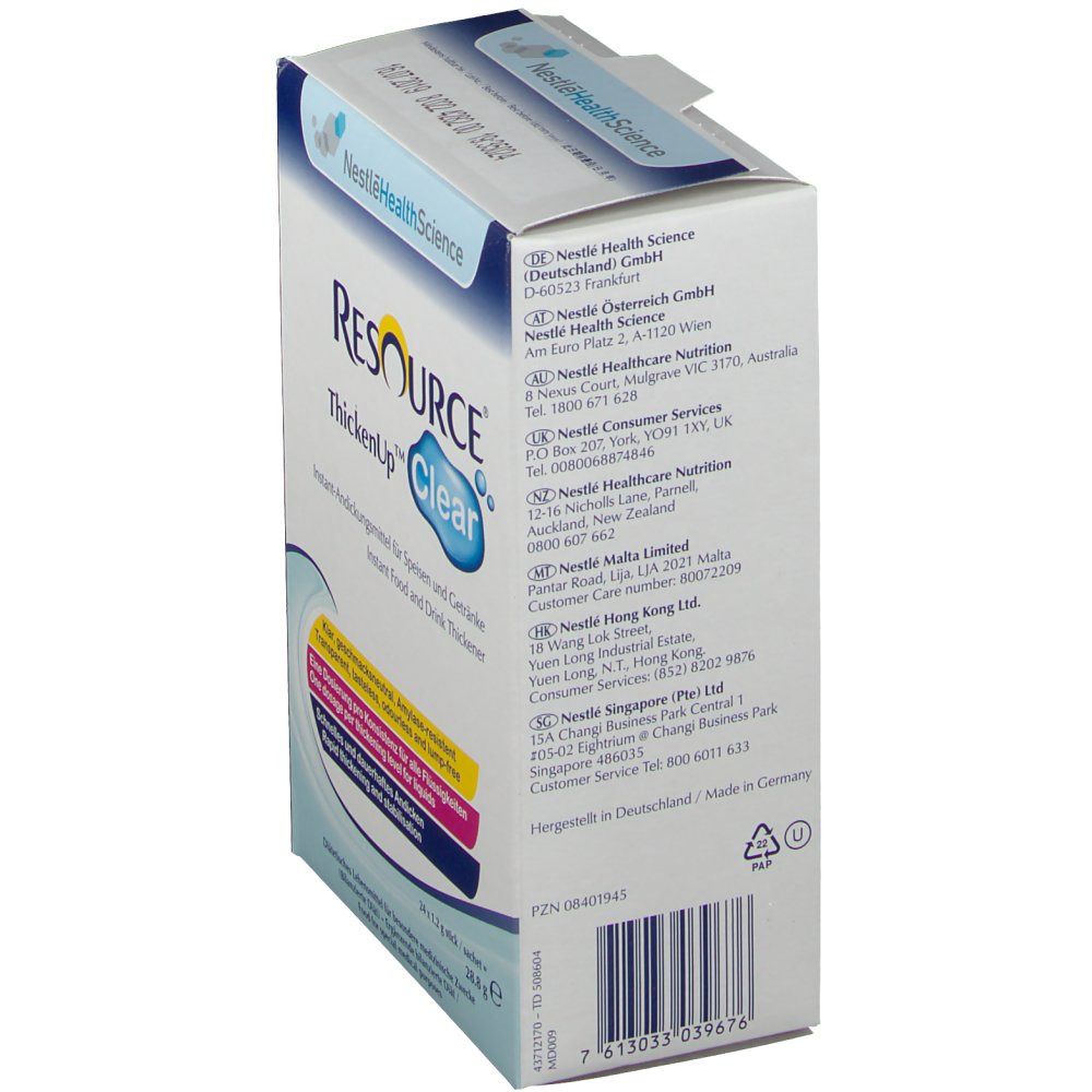 Seitenansicht der Resource ThickenUp Clear Verpackung. Text: Nestlé Health Science. Barcode und Kontaktinformationen.