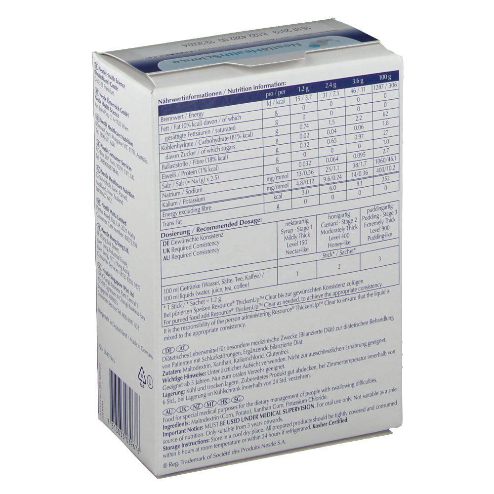 Rückseite der Resource ThickenUp Clear Verpackung. Text: Nährwertinformationen, Dosierungsempfehlung. Inhaltsstoffe.