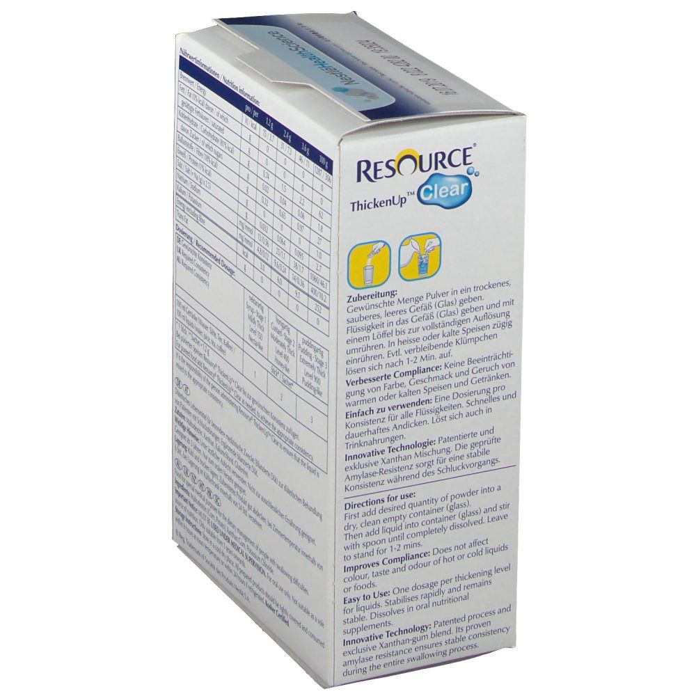 Rückseite der Resource ThickenUp Clear Verpackung. Text: Zubereitung, Anwendungshinweise. Innovative Technologie.