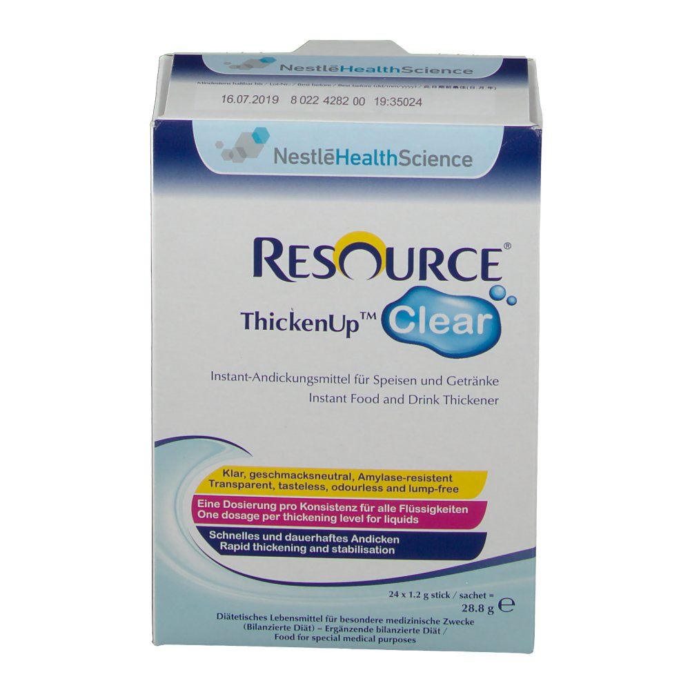 Vorderansicht der Resource ThickenUp Clear Verpackung. Text: Instant-Andickungsmittel. 24 x 12 g Beutel. Nestlé Health Science Logo.