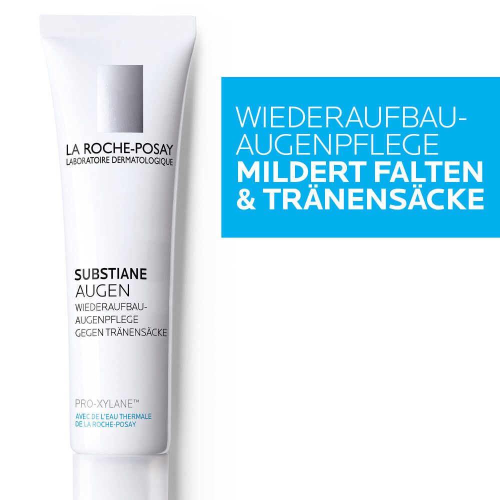 Weiße Tube La Roche-Posay Substiane Augen. Aufschrift: Substiane Augen, Augenpflege. Mildert Falten & Tränensäcke.