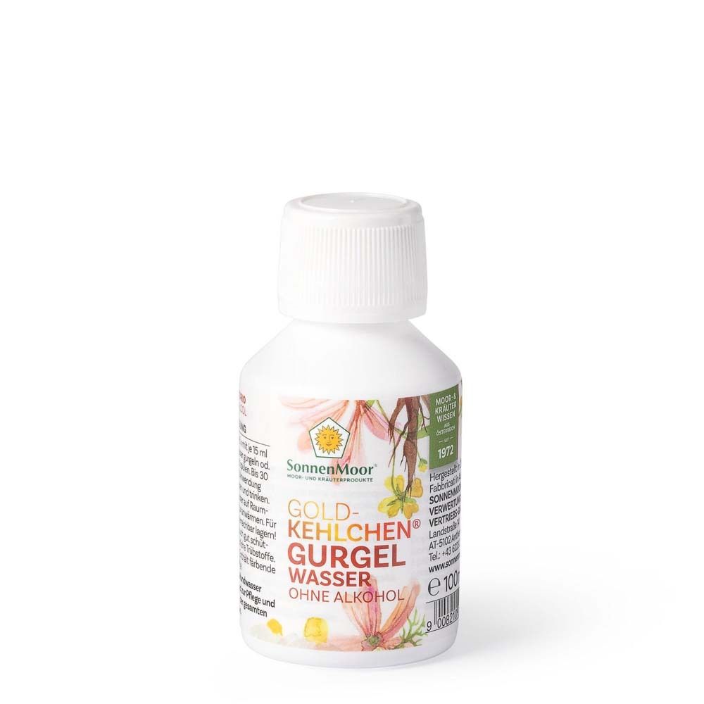 Weiße Flasche mit Schraubverschluss. Aufschrift: GOLD-KEHLCHEN GURGEL WASSER OHNE ALKOHOL. SonnenMoor Logo.