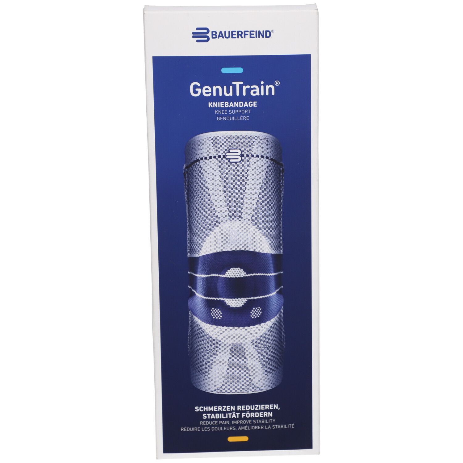Kniebandage GenuTrain in Verpackung. Blau-weißes Design, Markenlogo. Text: Schmerzen reduzieren, Stabilität fördern.