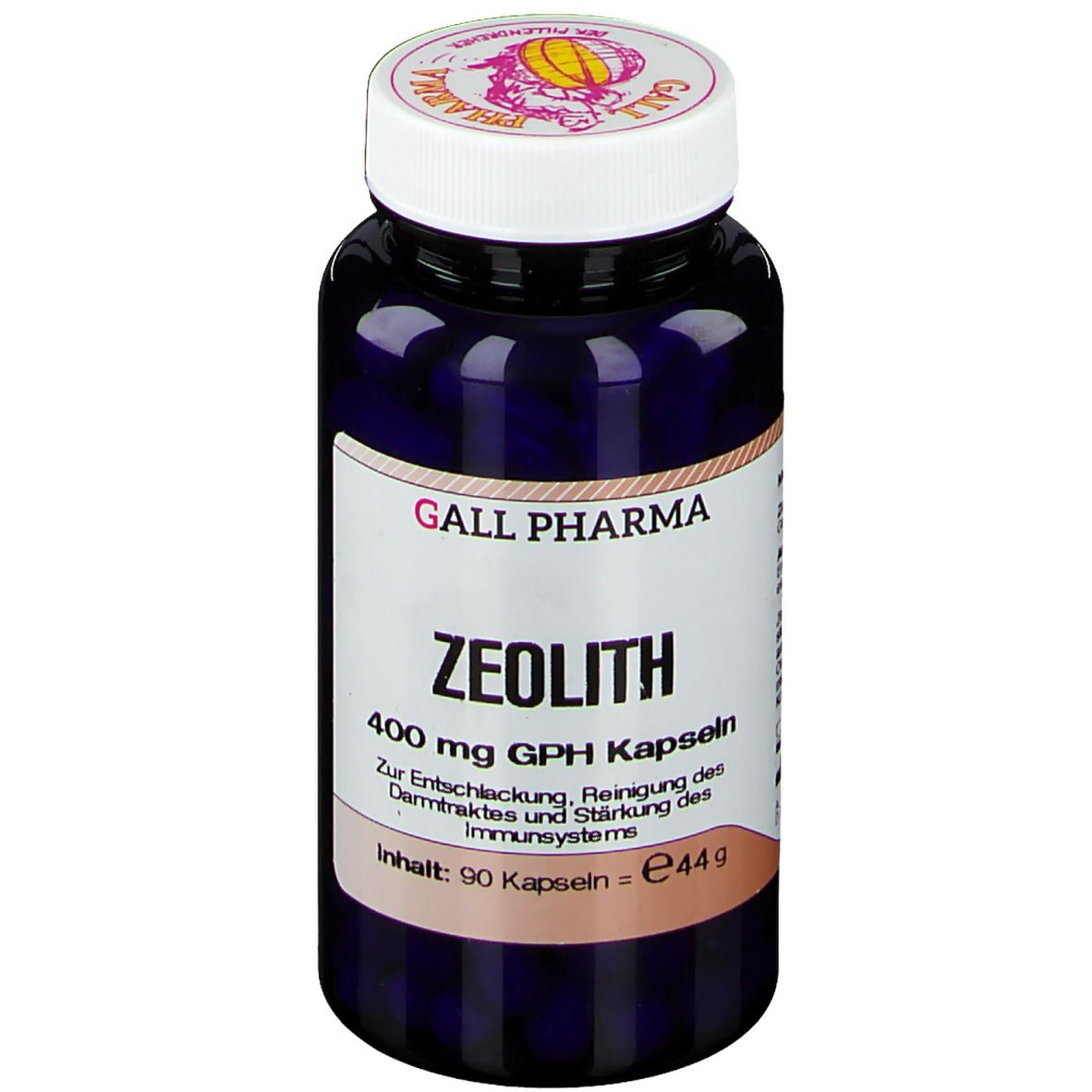 Dunkelblaue Flasche mit weißen Deckel. Auf dem Etikett steht: Zeolith 400 mg GPH Kapseln. 90 Kapseln.
