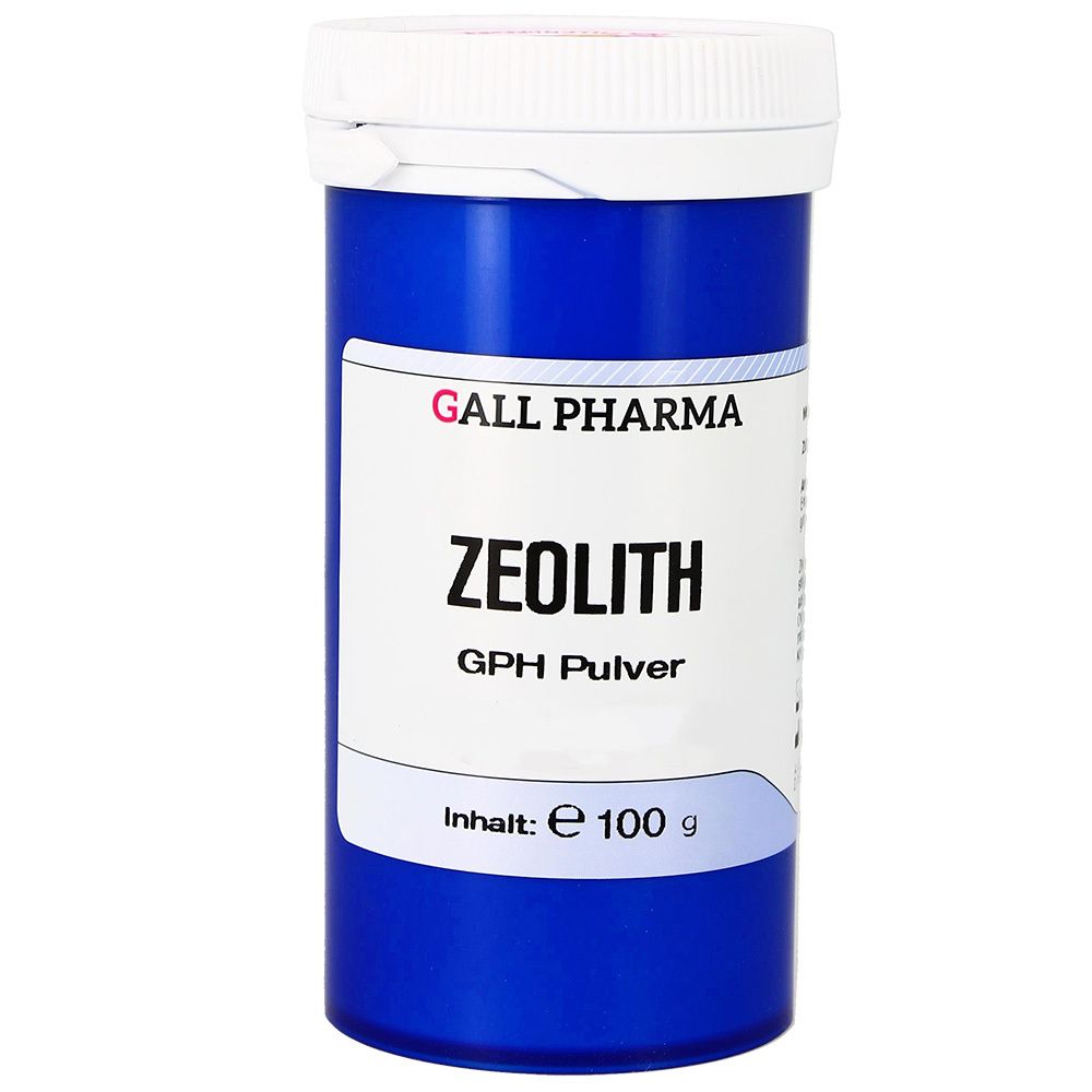 Blaue Dose mit weißem Deckel. Aufschrift: GALL PHARMA, ZEOLITH GPH Pulver. Inhalt: e 100 g.