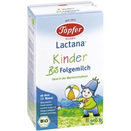 Verpackung von Töpfer Lactana Kinder Bio Folgemilch. Mit Logo, Produktbezeichnung und Bio-Siegel. Enthält ein Kind mit Ball.