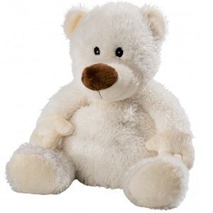 Cremefarbener Teddybär mit brauner Nase und Augen. Weiches Material, sitzende Position.