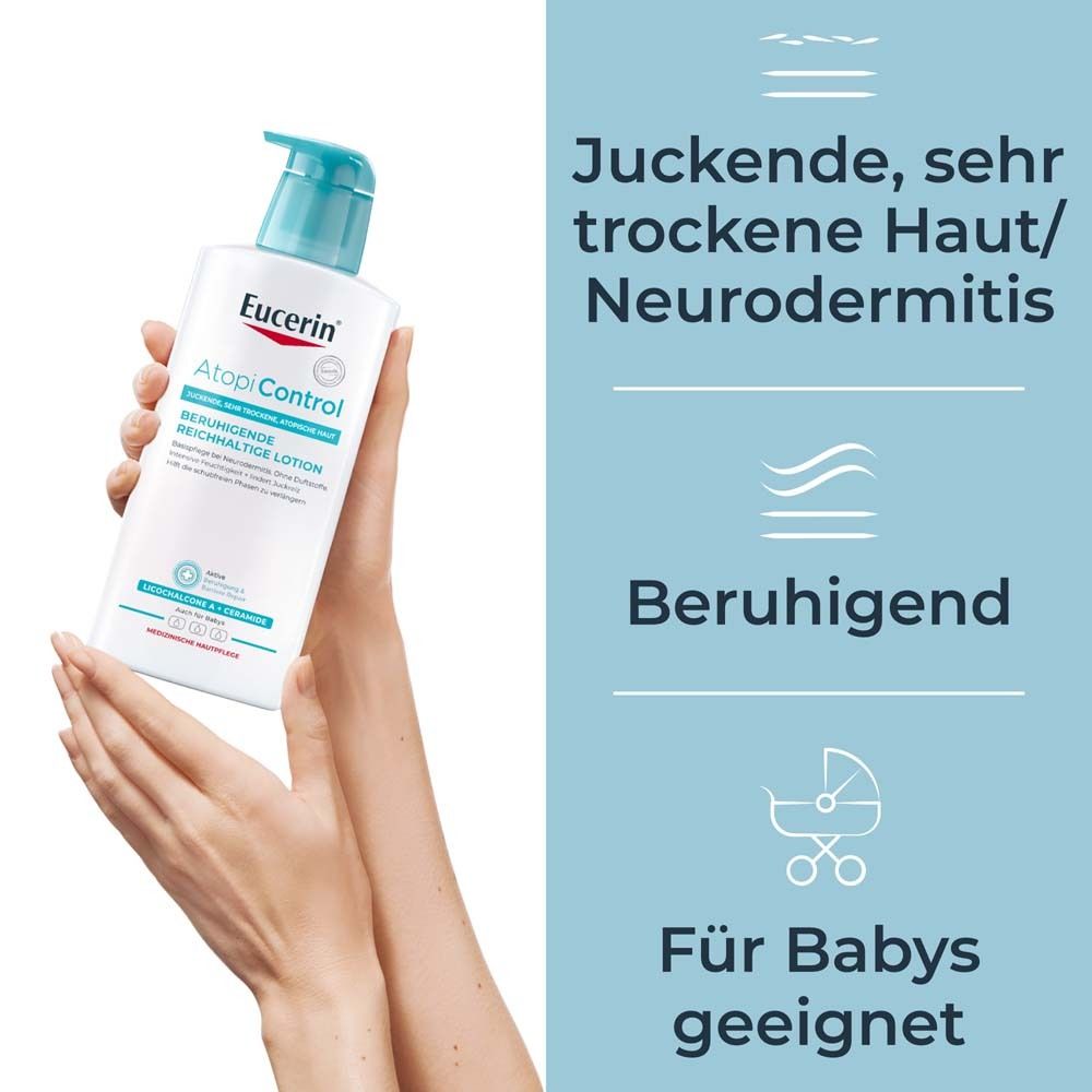 Eucerin® AtopiControl Lotion – beruhigt die Haut bei Neurodermitis Beschwerden – schnelle Hilfe bei Spannung und Juckreiz