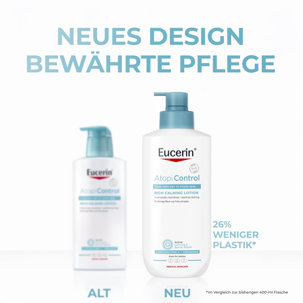 Eucerin AtopiControl: Neues Design, bewährte Pflege, 26% weniger Plastik.