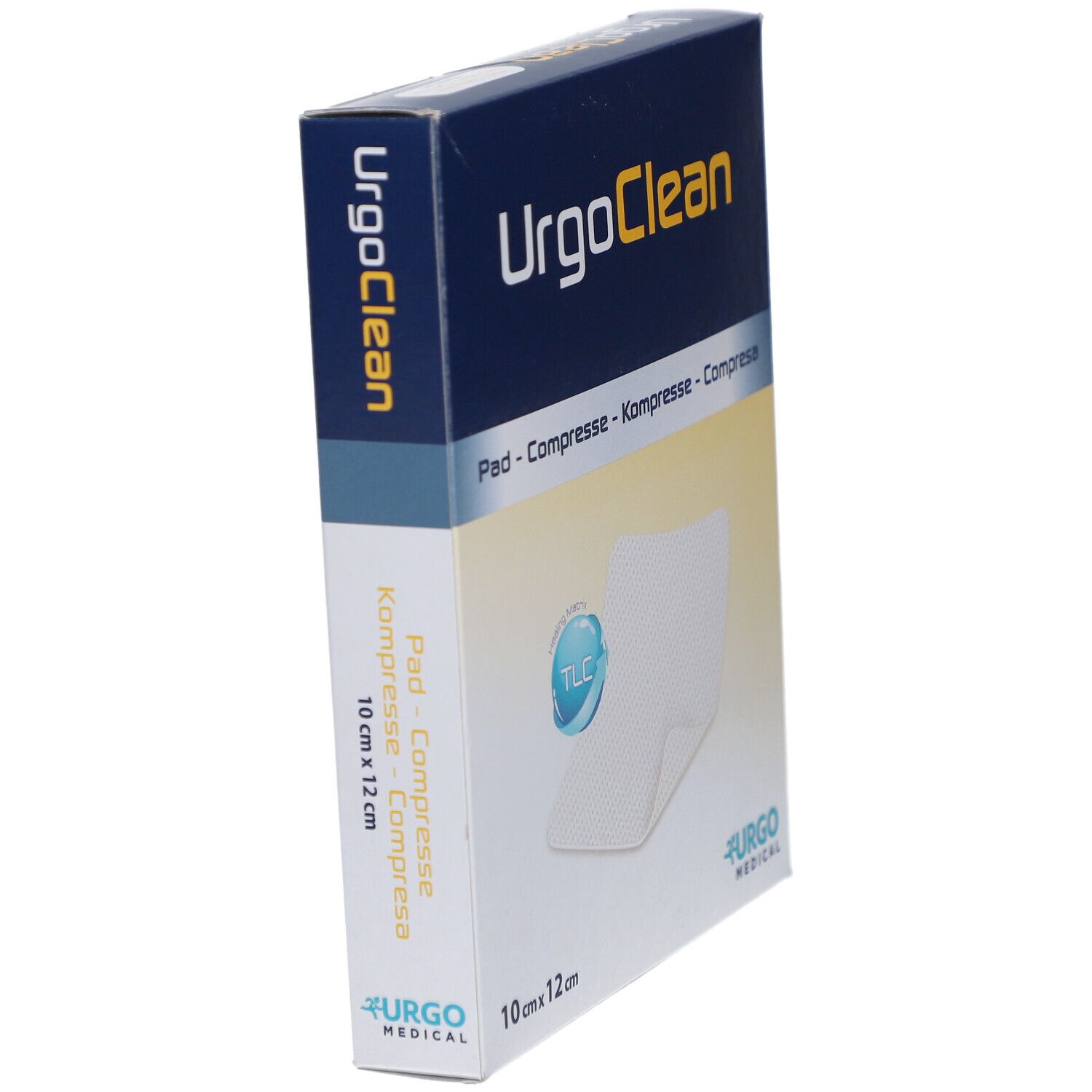 Schrägansicht der UrgoClean-Verpackung. Aufschrift: 10 cm x 12 cm. Logo Urgo Medical. Pad sichtbar.