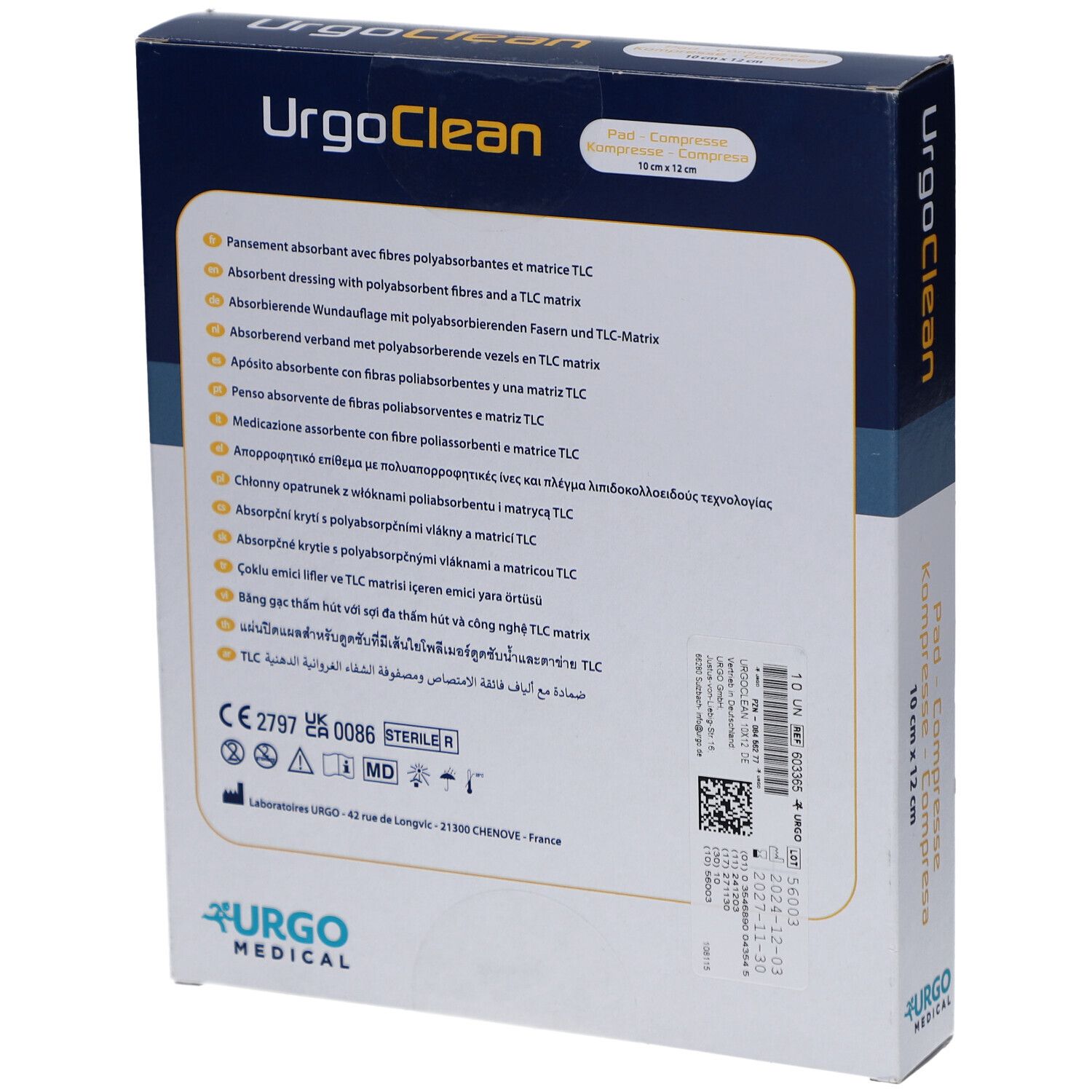 Rückseite der UrgoClean-Verpackung. Text in mehreren Sprachen. Logo Urgo Medical. Zertifizierungen.