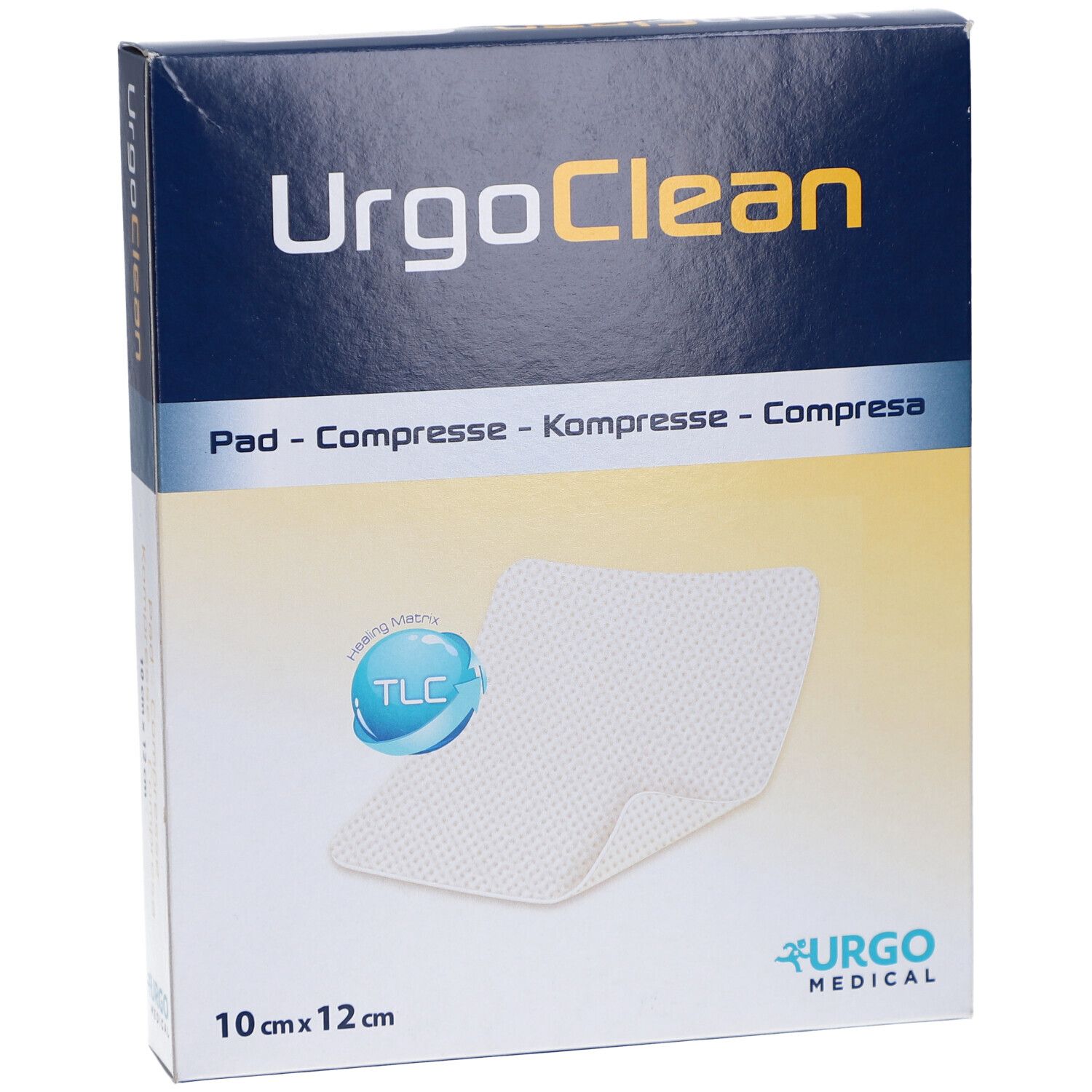 UrgoClean-Verpackung mit Pad. Aufschrift: 10 cm x 12 cm. Logo Urgo Medical. Pad sichtbar.