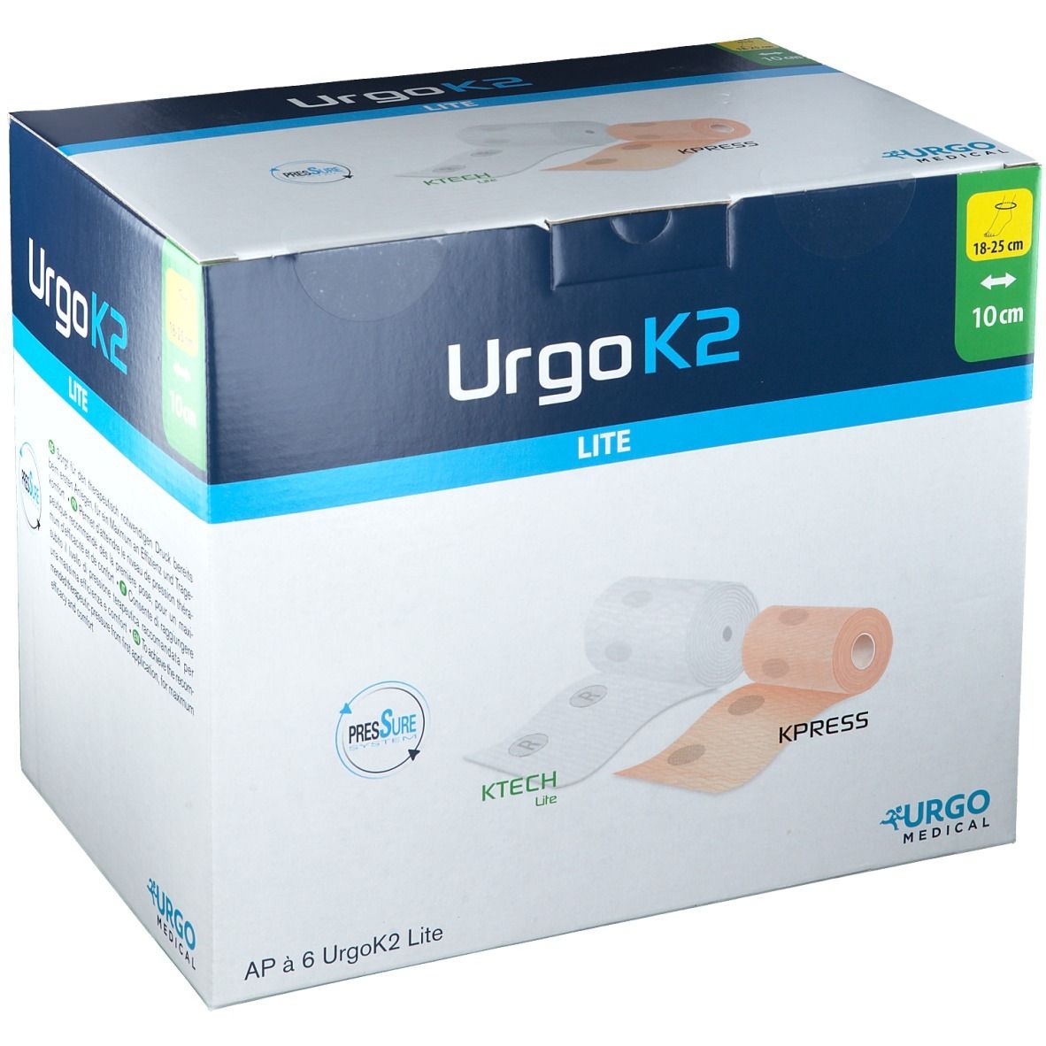 Karton von UrgoK2 Lite. Enthält Bandagen. Aufdruck: KPress, KTech Lite, Urgo Medical. Maße: 18-25 cm x 10 cm.