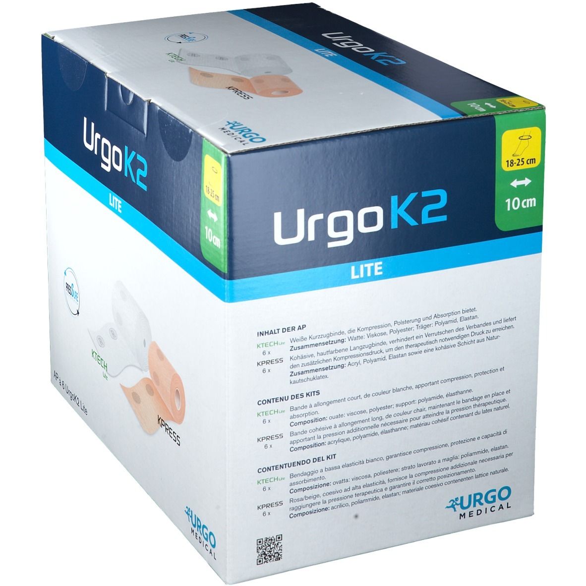 Karton von UrgoK2 Lite. Enthält Bandagen. Aufdruck: KPress, KTech Lite, Urgo Medical. Maße: 18-25 cm x 10 cm. Text in Deutsch, Französisch, Italienisch.