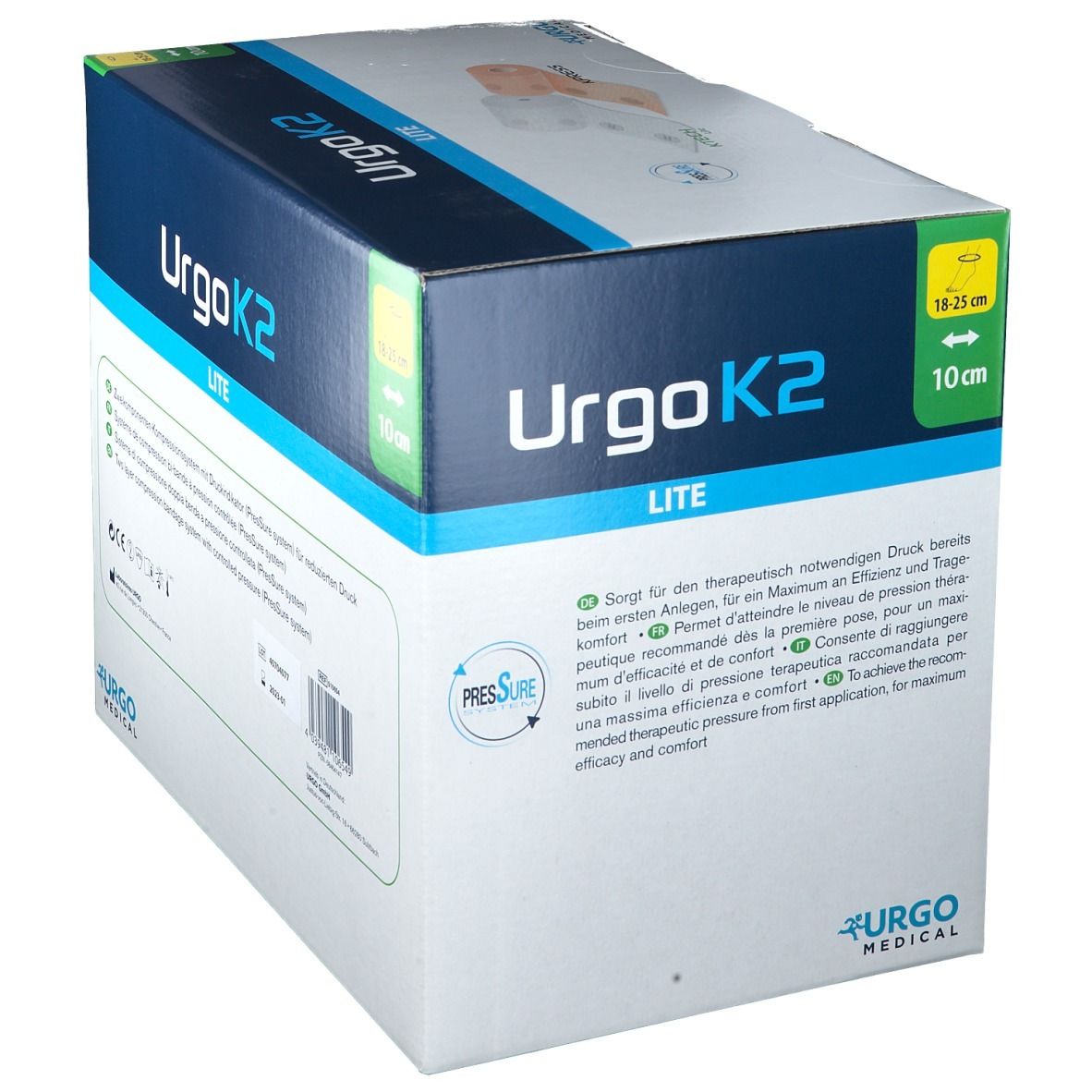 Karton von UrgoK2 Lite. Aufdruck: Urgo Medical, 18-25 cm x 10 cm. Enthält Informationen zur Anwendung. Text in Deutsch, Englisch, Französisch, Italienisch.