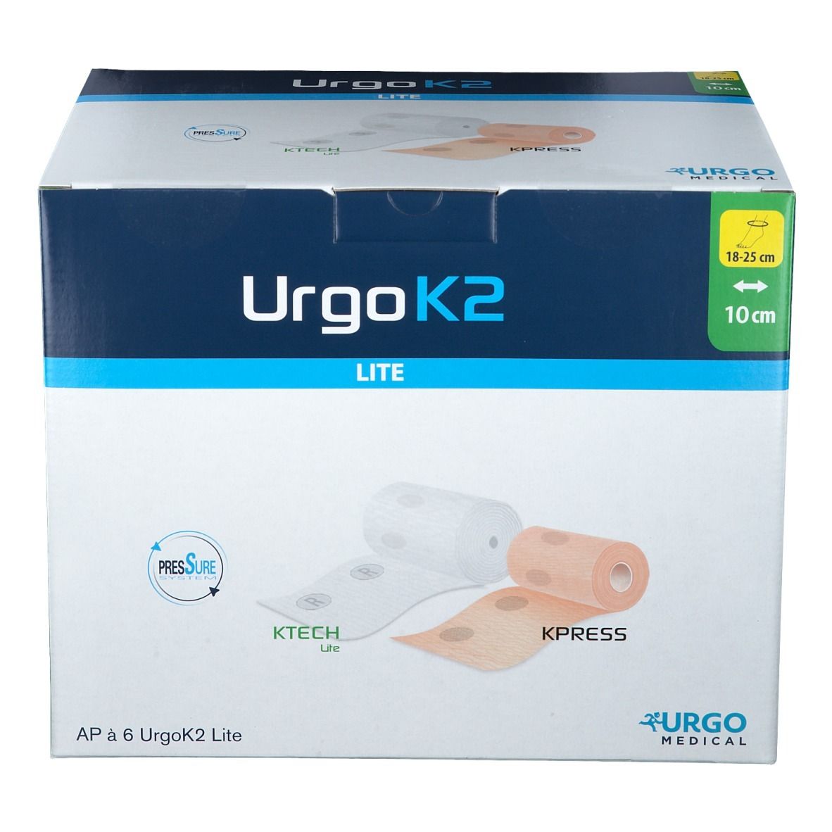 Karton von UrgoK2 Lite. Enthält Bandagen. Aufdruck: KPress, KTech Lite, Urgo Medical. Maße: 18-25 cm x 10 cm. AP à 6 UrgoK2 Lite.