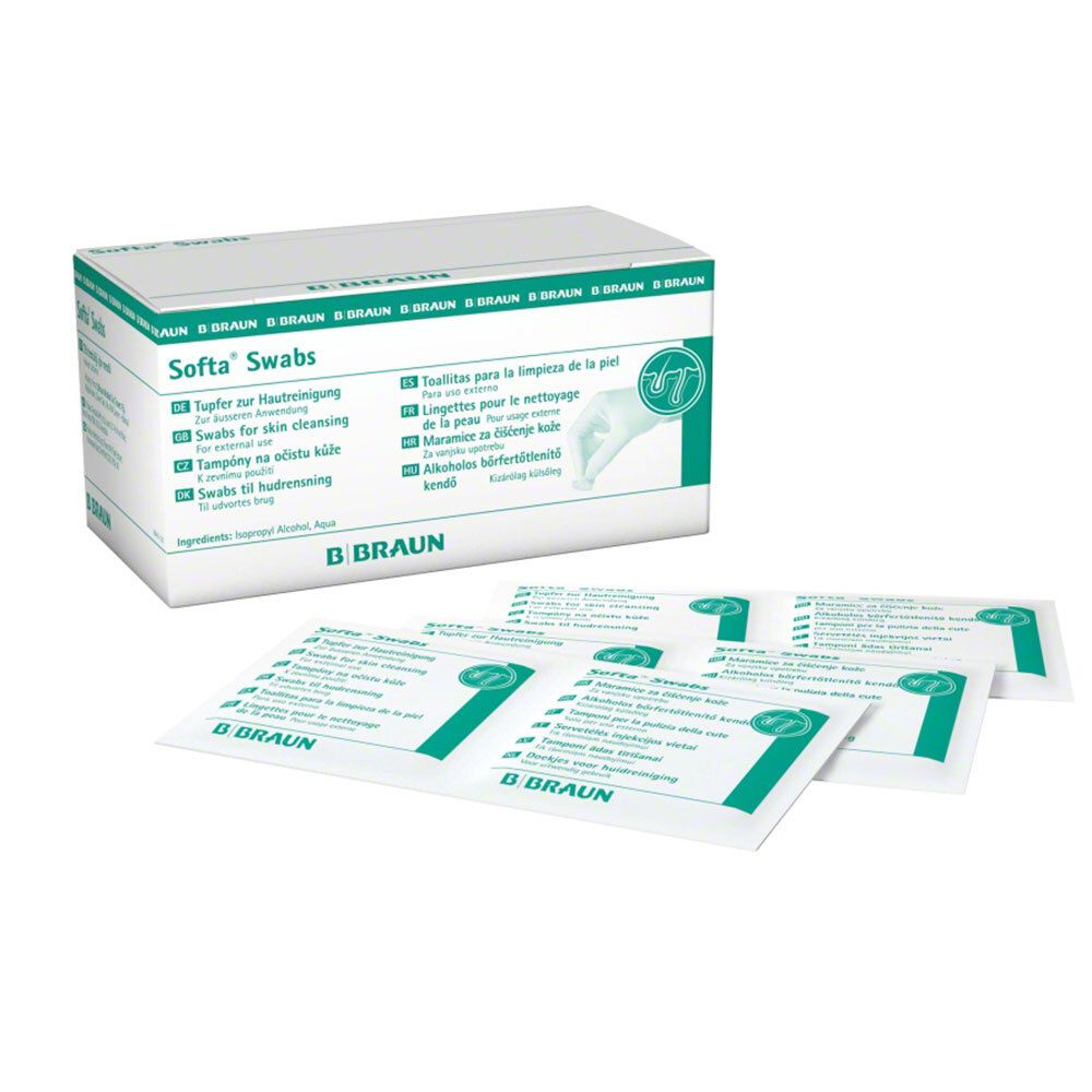 Packung Softa® Swabs, einzeln verpackte Tupfer zur Hautreinigung. B. Braun Logo und Produktname deutlich sichtbar.