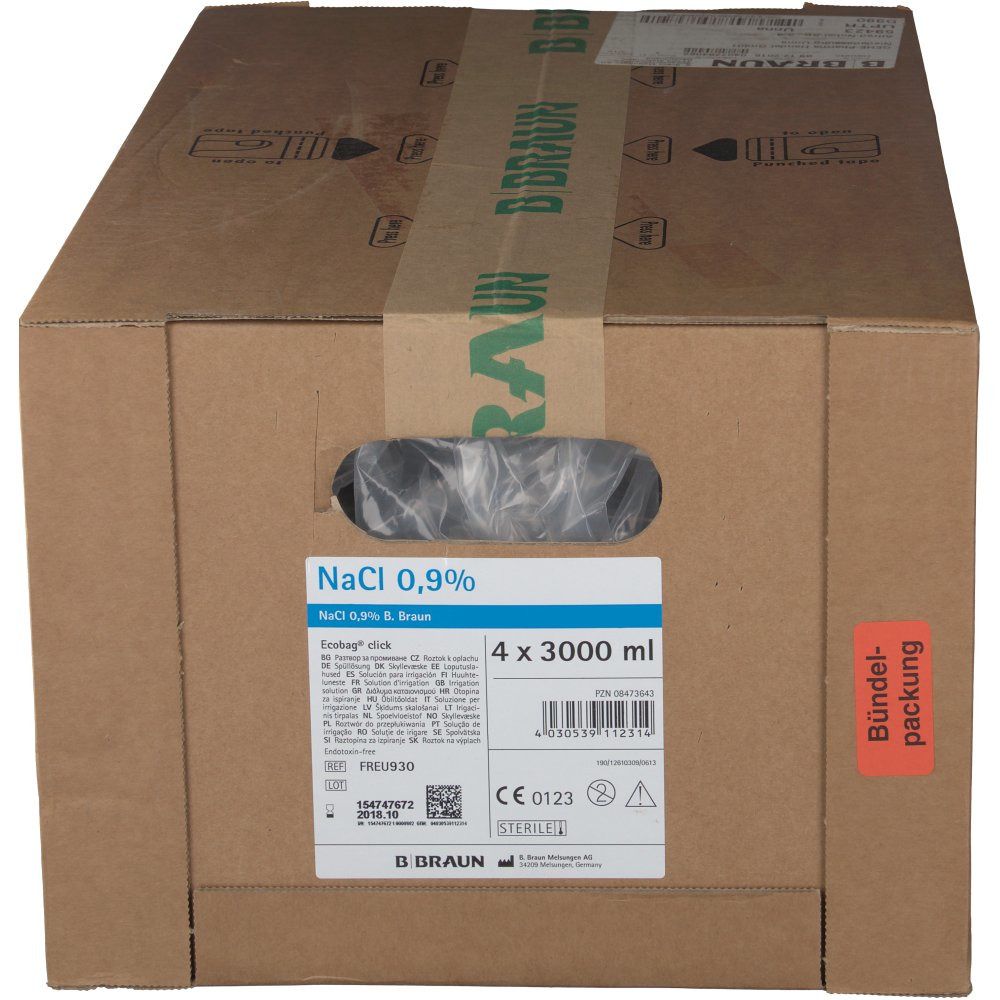 Kartonverpackung mit Aufschrift NaCl 0,9%. Enthält 4 x 3000 ml. Mit B. Braun-Logo und CE-Kennzeichnung.