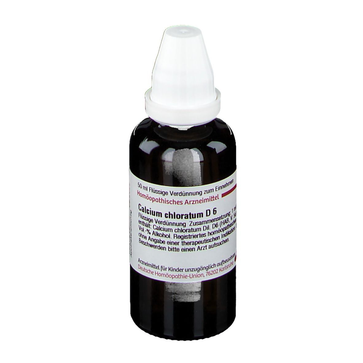Braune Tropfflasche mit weißem Verschluss. Etikett mit Produktnamen und Informationen. DHU Calcium chloratum D6.