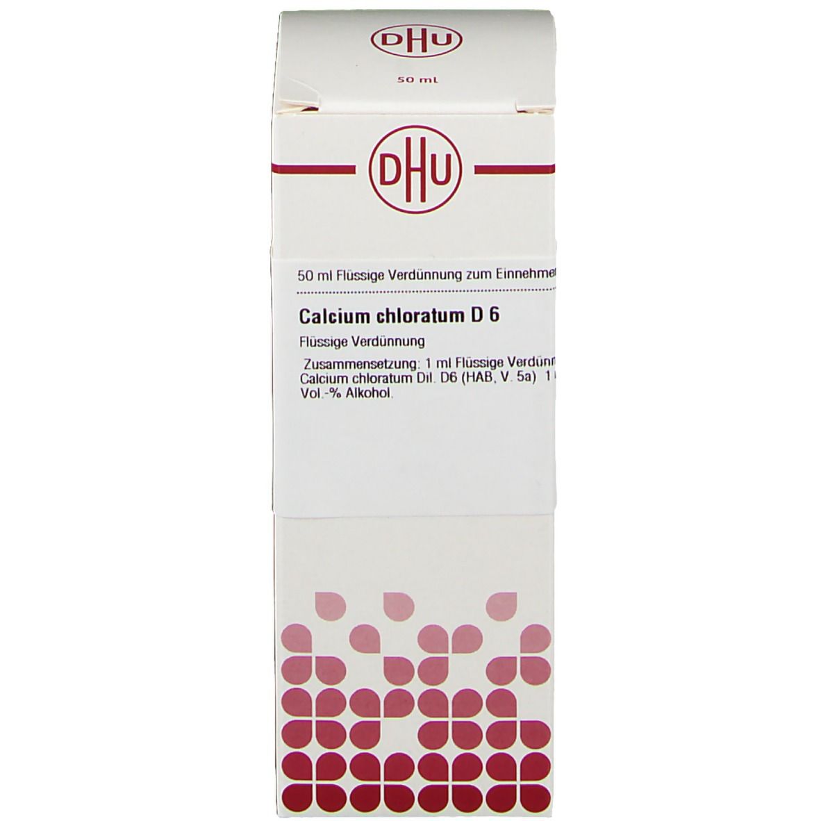 Produktverpackung mit DHU-Logo. Enthält eine Flasche DHU Calcium chloratum D6. Text auf der Verpackung.